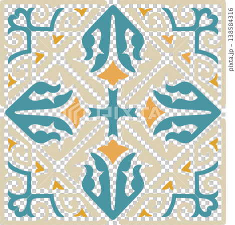 Symmetrical Mediterranean Ceramic Tile Pattern with Floral Ornaments Symmetrical Mediterranean Ceramic Tile Pattern with Floral Ornaments 138584316