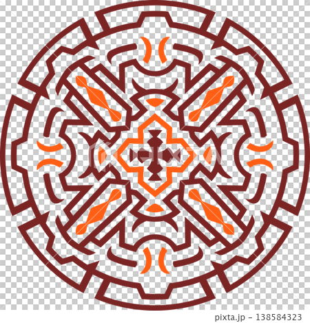Geometric Circular Tribal Ornament with Brown and Orange Aztec Style Patterns 138584323
