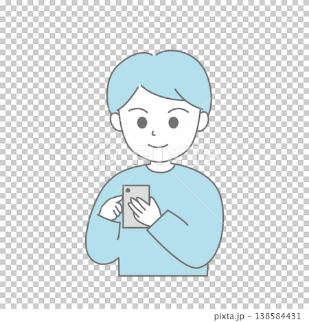 スマートフォンを使う男性のシンプルイラスト（ブルー・線画） 138584431