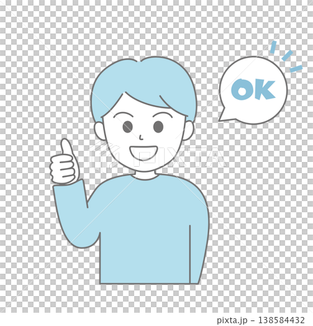 いいねポーズをする男性と吹き出しのイラスト（ブルー・線画） 138584432