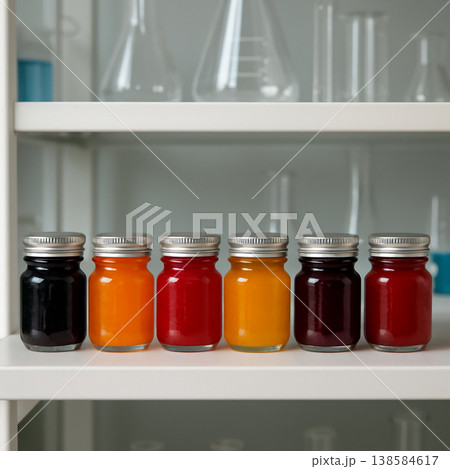 白い棚に並んだ色とりどりの小瓶と理化学器具の背景 138584617