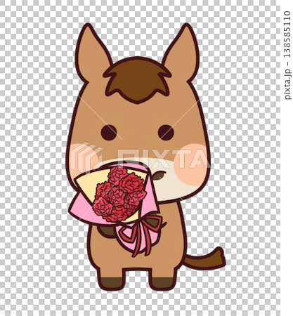 A brown horse holding a bouquet of carnations A brown horse holding a bouquet of carnations 138585110