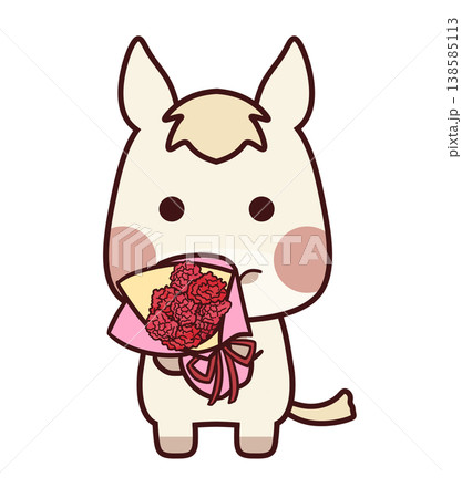 カーネーションの花束を持つ白色の馬 138585113