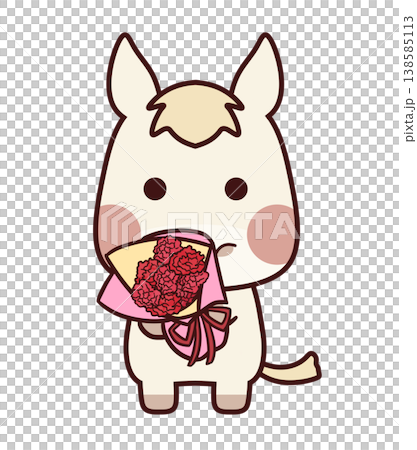 カーネーションの花束を持つ白色の馬 138585113