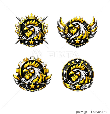 A collection of four powerful gold and black eagle or phoenix head logos. Ideal for esports teams, gaming brands, security companies, or any business seeking a strong and regal identity. A collection of four powerful gold and black eagle or phoenix head logos. Ideal for esports teams, gaming brands, security companies, or any business seeking a strong and regal identity. 138585149