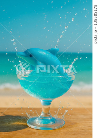 青い海をジャンプするイルカを表現した爽快な夏ゼリー 138585178