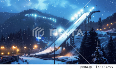 Illuminated ski jumping hill at night with falling snow and surrounding pine forest 138585295