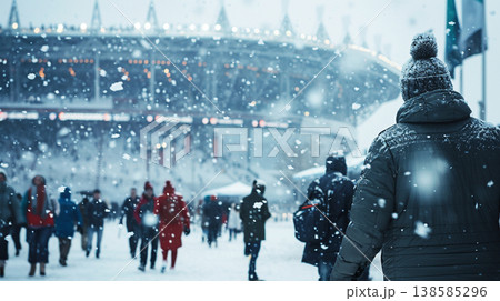 Spectators in winter coats walk towards a brightly lit stadium during a snowfall 138585296