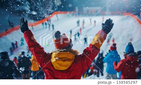 Excited skier with arms raised in the air during a snowfall at a night ski resort 138585297
