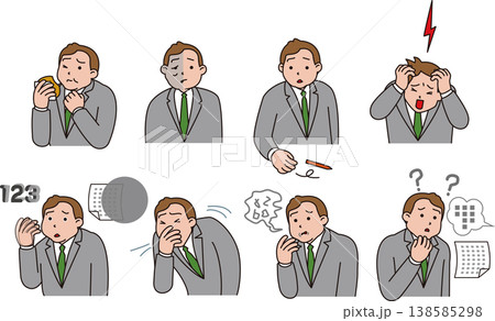 脳などの病気のサイン。頭痛、めまいなど症状があるビジネスマンのイラスト。 138585298