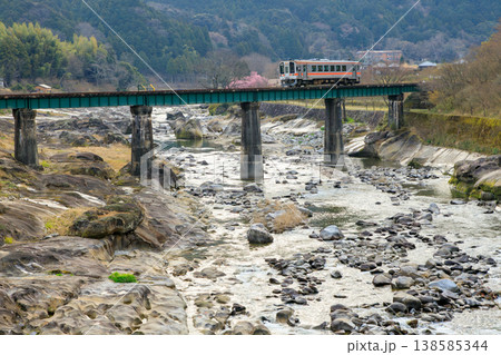 早朝の真見橋梁を渡る名松線の気動車を二雲橋から撮る 138585344