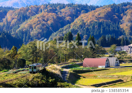 紅葉の長野県・青倉地区をコトコト走る飯山線の気動車 138585354