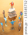 Miniature people gather around a figurine on a stone during a colorful scene at sunset 138585732
