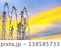 Water fountains splash against a colorful sky during sunset, creating a lively display over  138585733