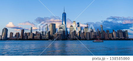 Sunset city. Majestic cityscape in sunrise. New York downtown. Manhattan skyline. New York city of America. Skyscraper building of NYC. NY city architecture. Midtown Manhattan at Hudson river 138585860