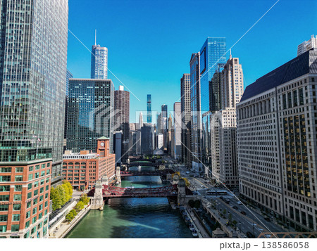 Chicago, USA - October 08, 2024: Chicago downtown cityscape at Chicago river. Cityscape with skyscraper building. Downtown architecture. Skyscraper architecture of city. Cityscape. Diverse landscape 138586058