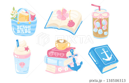 Cute coquette iced coffee and bookish summer holiday clipart 138586313