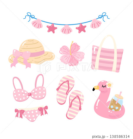 Cute girly pink summer essentials, hat, bikini, sandals, bag, iced coffee 138586314