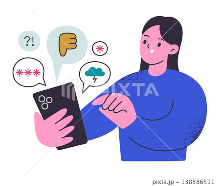 Online hate scene, flat cartoon young woman character in shock looking at negative comments and dislikes on social media. Cyberbullying and internet hate, toxic online behavior vector illustration 138586511