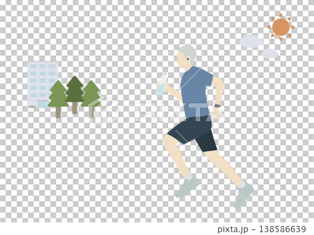 シニア男性が水分補給しながらジョギング スマートウォッチとイヤフォンで健康管理 138586639