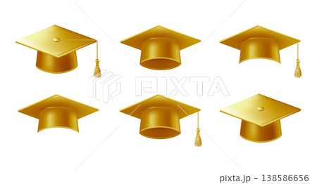 Realistic gold graduate caps set. 3D Graduation Doctoral hat 138586656
