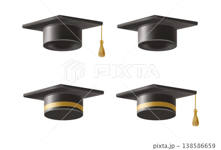 Realistic Black graduate caps set. 3D Graduation Doctoral hat. Realistic Black graduate caps set. 3D Graduation Doctoral hat. 138586659