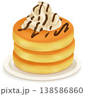 皿にのったホイップクリームとチョコソースのパンケーキ 138586860