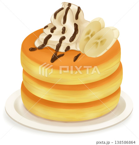 皿にのったバナナとホイップクリームのパンケーキ 皿にのったバナナとホイップクリームのパンケーキ 138586864