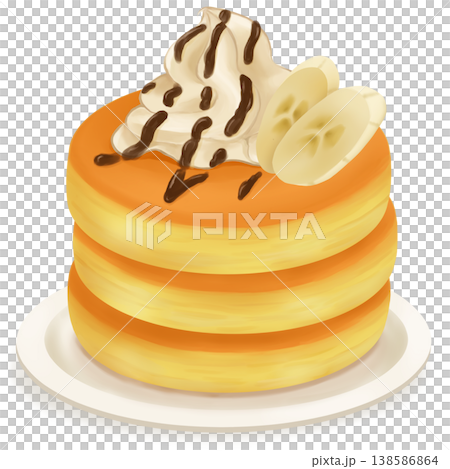 皿にのったバナナとホイップクリームのパンケーキ 皿にのったバナナとホイップクリームのパンケーキ 138586864