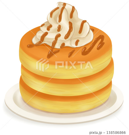 皿にのったホイップクリームとキャラメルソースのパンケーキ 皿にのったホイップクリームとキャラメルソースのパンケーキ 138586866