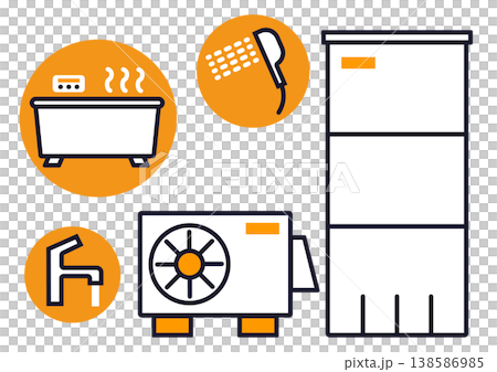 熱水器、浴缸、淋浴和水龍頭的簡單圖示插圖，帶有輪廓線。 138586985
