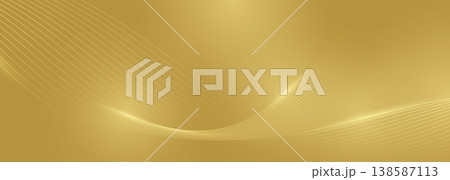 Glowing golden wave swoosh on gold elegant abstract background. Luxury vector illustration with striped wavy lines. Glowing golden wave swoosh on gold elegant abstract background. Luxury vector illustration with striped wavy lines. 138587113