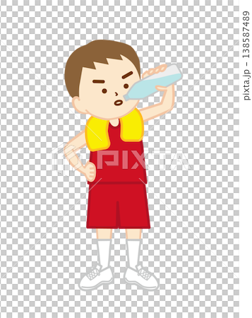 A basketball player stands with a towel around his neck and his hands on his hips, rehydrating. A basketball player stands with a towel around his neck and his hands on his hips, rehydrating. 138587489