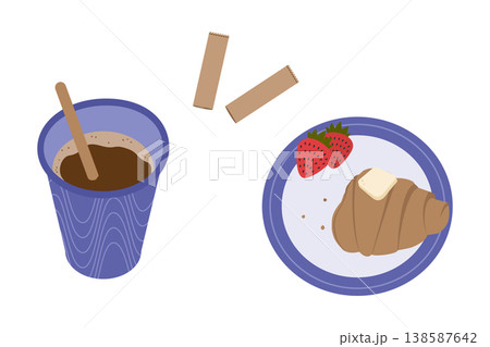 Bitten croissant with butter and crumbs Strawberries on plate and paper coffee cup, torn stick sugar. Croissant Day Isolated Vector illustration Greeting Thematic Card Food poster design elements Set Bitten croissant with butter and crumbs Strawberries on plate and paper coffee cup, torn stick sugar. Croissant Day Isolated Vector illustration Greeting Thematic Card Food poster design elements Set 138587642