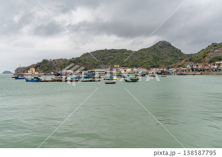 A scenic view of a bustling Vietnamese fishing village nestled beside a bay filled with numerous boats under a cloudy sky 138587795