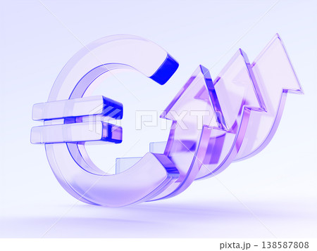 Holographic glass euro sign 3d icon with growing arrow graph. Purple transparent currency symbol on blue bg. Financial growth, exchange rate, rise price, increase tax, wage, pension. 3D illustration Holographic glass euro sign 3d icon with growing arrow graph. Purple transparent currency symbol on blue bg. Financial growth, exchange rate, rise price, increase tax, wage, pension. 3D illustration 138587808
