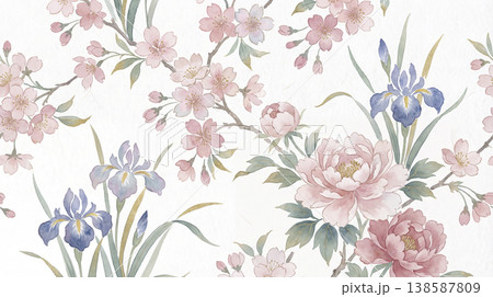 和紙の背景に描かれた桜と牡丹と菖蒲の水彩画風花柄模様 138587809