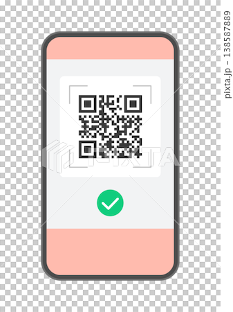 Illustration of a smartphone displaying a QR code and a checkmark - Material for code payments, electronic tickets, and links. 138587889