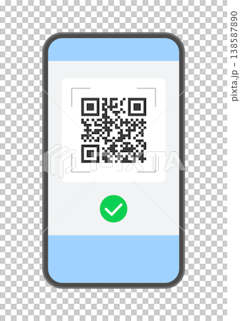 Illustration of a smartphone displaying a QR code and a checkmark - for code payments, electronic tickets, and links. 138587890