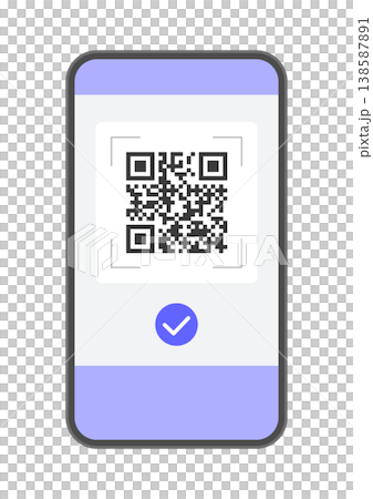 Illustration of a smartphone displaying a QR code and a checkmark - for code payments, electronic tickets, and links. 138587891