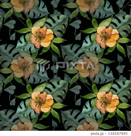 Hand drawn watercolor seamless pattern with tropical monstera leaves and delicate orange flowers. Vibrant botanical texture of exotic plants, perfect for textile, wallpaper, wedding decor, and 138587895