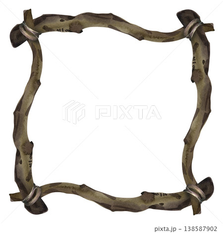 Hand drawn watercolor square frame made of rustic tree branches and wooden sticks. This realistic forest border features brown bark textures and tied corners, perfect for nature themed invitations Hand drawn watercolor square frame made of rustic tree branches and wooden sticks. This realistic forest border features brown bark textures and tied corners, perfect for nature themed invitations 138587902