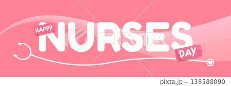 Happy Nurses Day wide banner. Pink wavy background with stethoscope icons and bold Happy Nurses Day typography. Modern seasonal Nurses Day header for healthcare workers appreciation, medical events 138588090