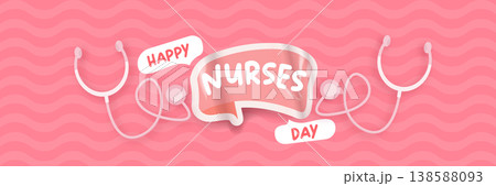Happy Nurses Day wide banner. Pink wavy background with stethoscope icons and bold Happy Nurses Day typography. Modern seasonal Nurses Day header for healthcare workers appreciation, medical events Happy Nurses Day wide banner. Pink wavy background with stethoscope icons and bold Happy Nurses Day typography. Modern seasonal Nurses Day header for healthcare workers appreciation, medical events 138588093