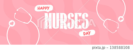 Happy Nurses Day wide banner. Pink wavy background with stethoscope icons and bold Happy Nurses Day typography. Modern seasonal Nurses Day header for healthcare workers appreciation, medical events Happy Nurses Day wide banner. Pink wavy background with stethoscope icons and bold Happy Nurses Day typography. Modern seasonal Nurses Day header for healthcare workers appreciation, medical events 138588108