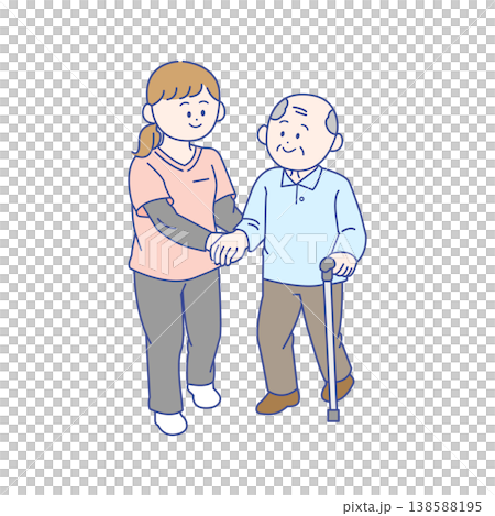 A scene showing a caregiver assisting an elderly person with walking. A scene showing a caregiver assisting an elderly person with walking. 138588195