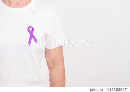 Elderly with Purple Ribbon for Violence, Pancreatic, Esophageal, Testicular cancer, Alzheimer, Epilepsy, Lupus, Crohn, Thyroid,  Sarcoidosis and Fibromyalgia. Awareness month and World cancer day 138588627