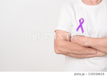 Elderly with Purple Ribbon for Violence, Pancreatic, Esophageal, Testicular cancer, Alzheimer, Epilepsy, Lupus, Crohn, Thyroid, Sarcoidosis and Fibromyalgia. Awareness month and World cancer day Elderly with Purple Ribbon for Violence, Pancreatic, Esophageal, Testicular cancer, Alzheimer, Epilepsy, Lupus, Crohn, Thyroid, Sarcoidosis and Fibromyalgia. Awareness month and World cancer day 138588628