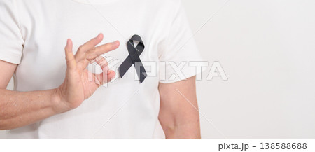 Elderly with Black ribbon for May Melanoma and skin cancer Awareness month, October Vaccine injury awareness month, Mourning Remembrance, March Sleep awareness week, Gang Prevention and Anti Violence Elderly with Black ribbon for May Melanoma and skin cancer Awareness month, October Vaccine injury awareness month, Mourning Remembrance, March Sleep awareness week, Gang Prevention and Anti Violence 138588688