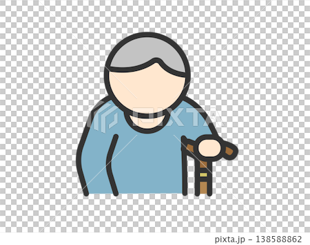 杖をついた、高齢者男性のアイコン（線画カラー）のイラスト 138588862